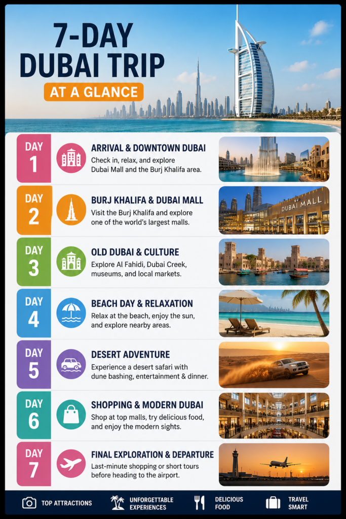 7-day Dubai trip travel guide with Dubai skyline and Burj Al Arab