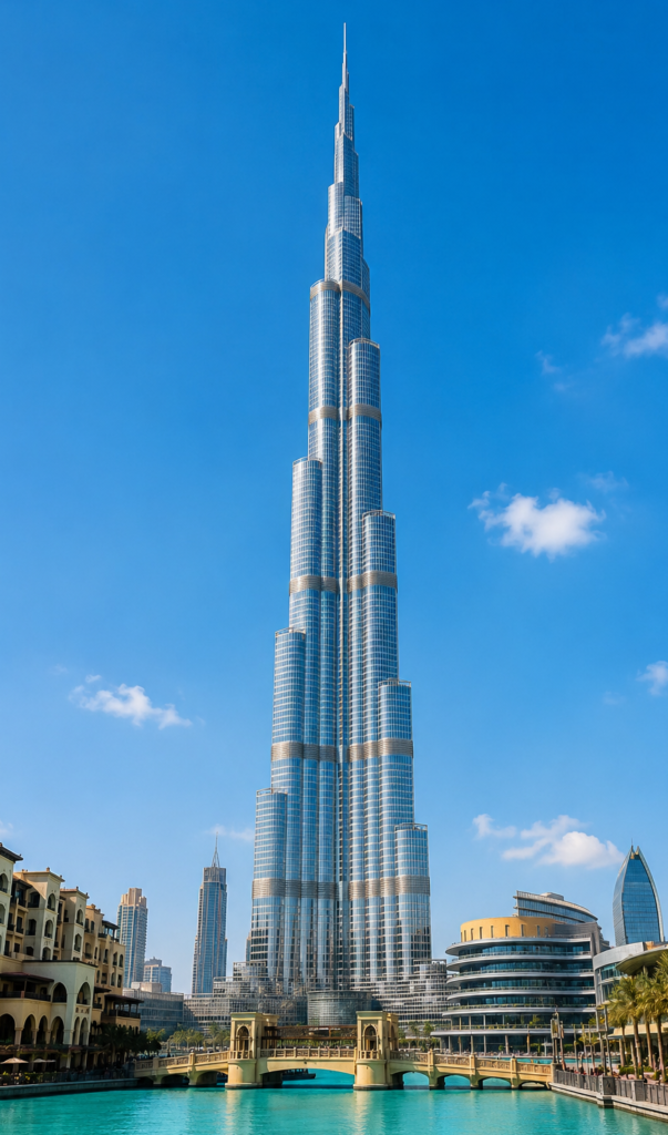 Burj Khalifa in Dubai with city skyline and blue sky