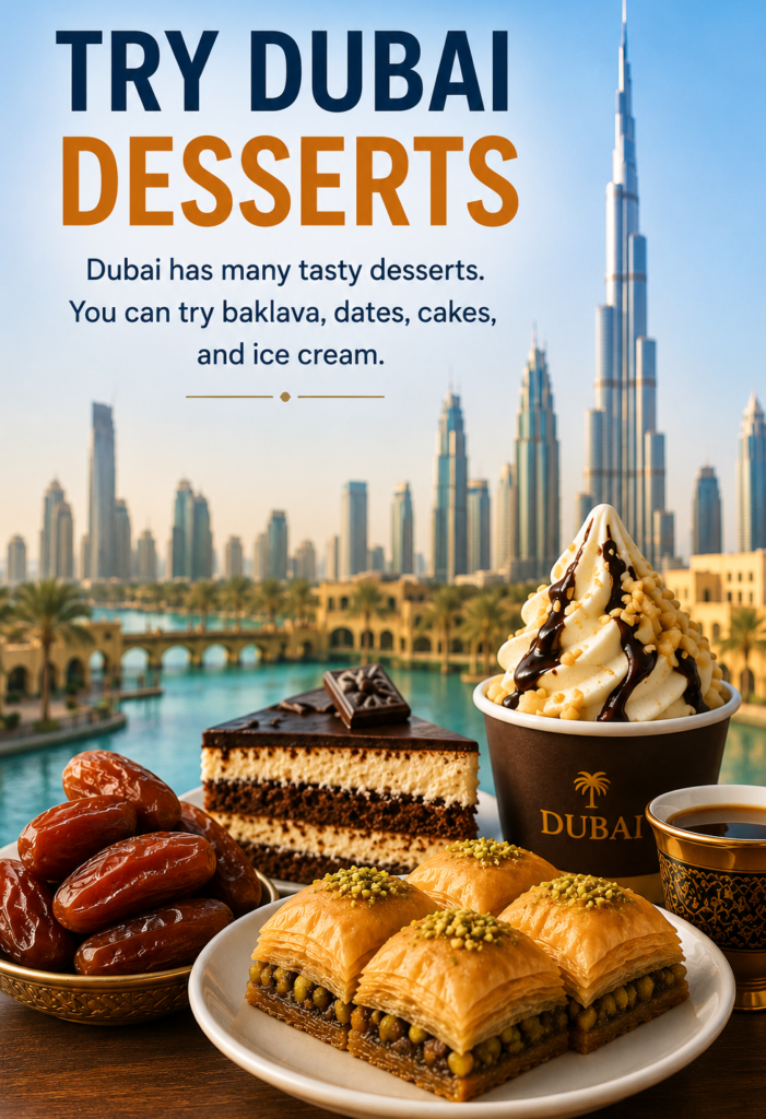 Dubai desserts with baklava, dates, cake, and ice cream