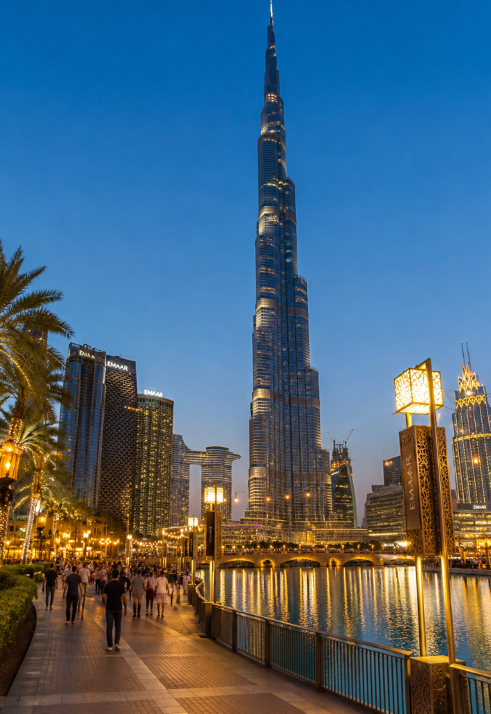 Downtown Dubai and Burj Khalifa at dusk.