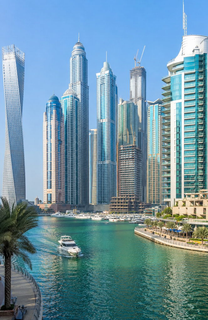Dubai Marina waterfront with modern skyscrapers, yachts, blue water, and a clear sky.