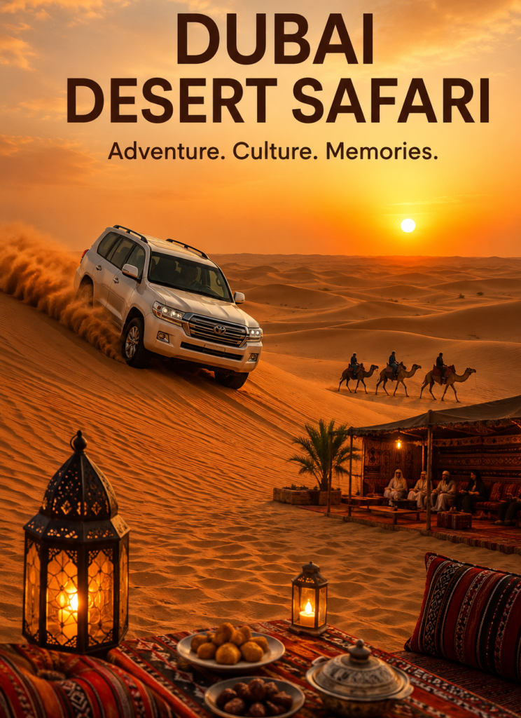 Dubai Desert Safari with 4x4 vehicle, camels, desert camp and sunset over golden sand dunes