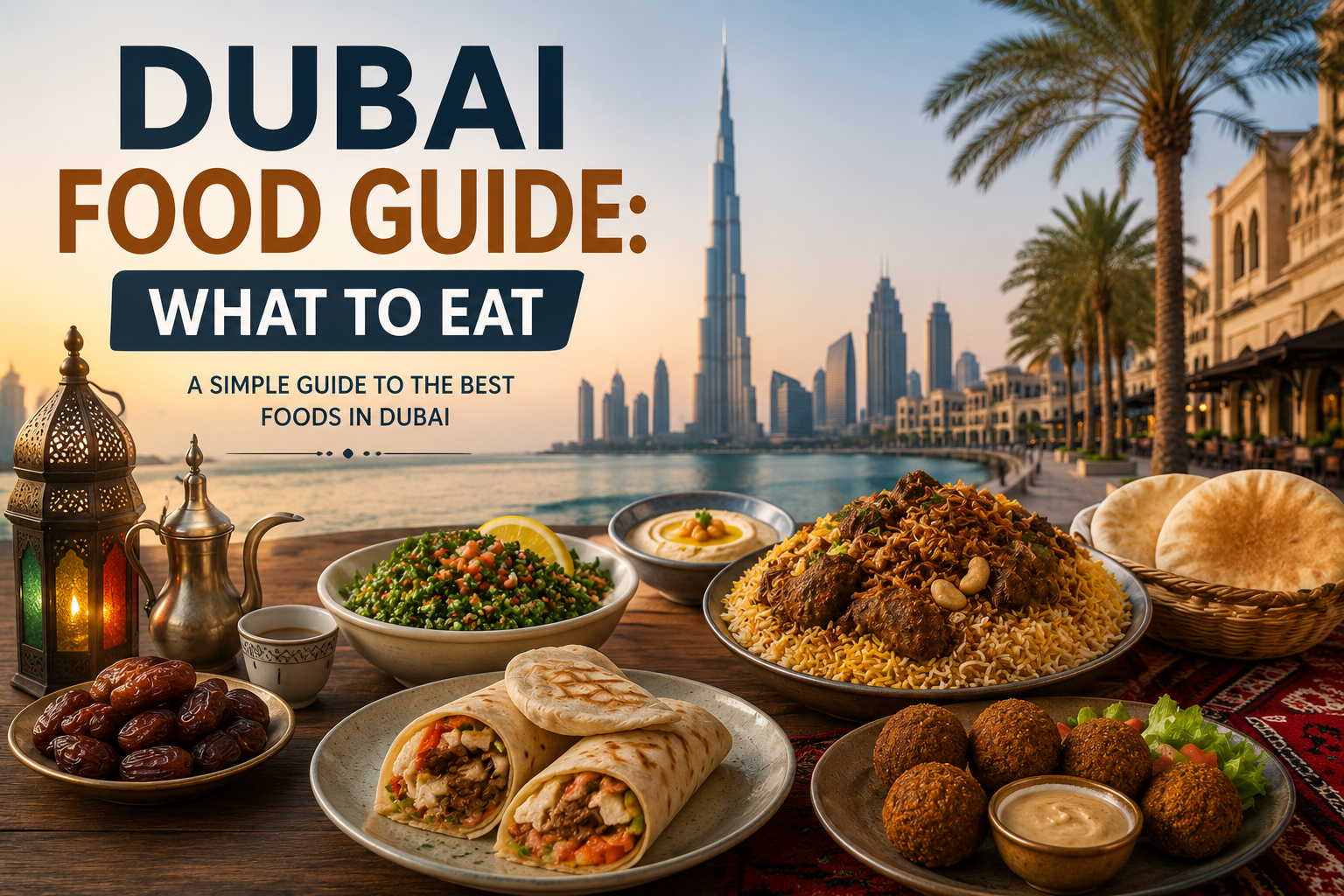 Dubai food guide with traditional dishes, shawarma, hummus, falafel and dates