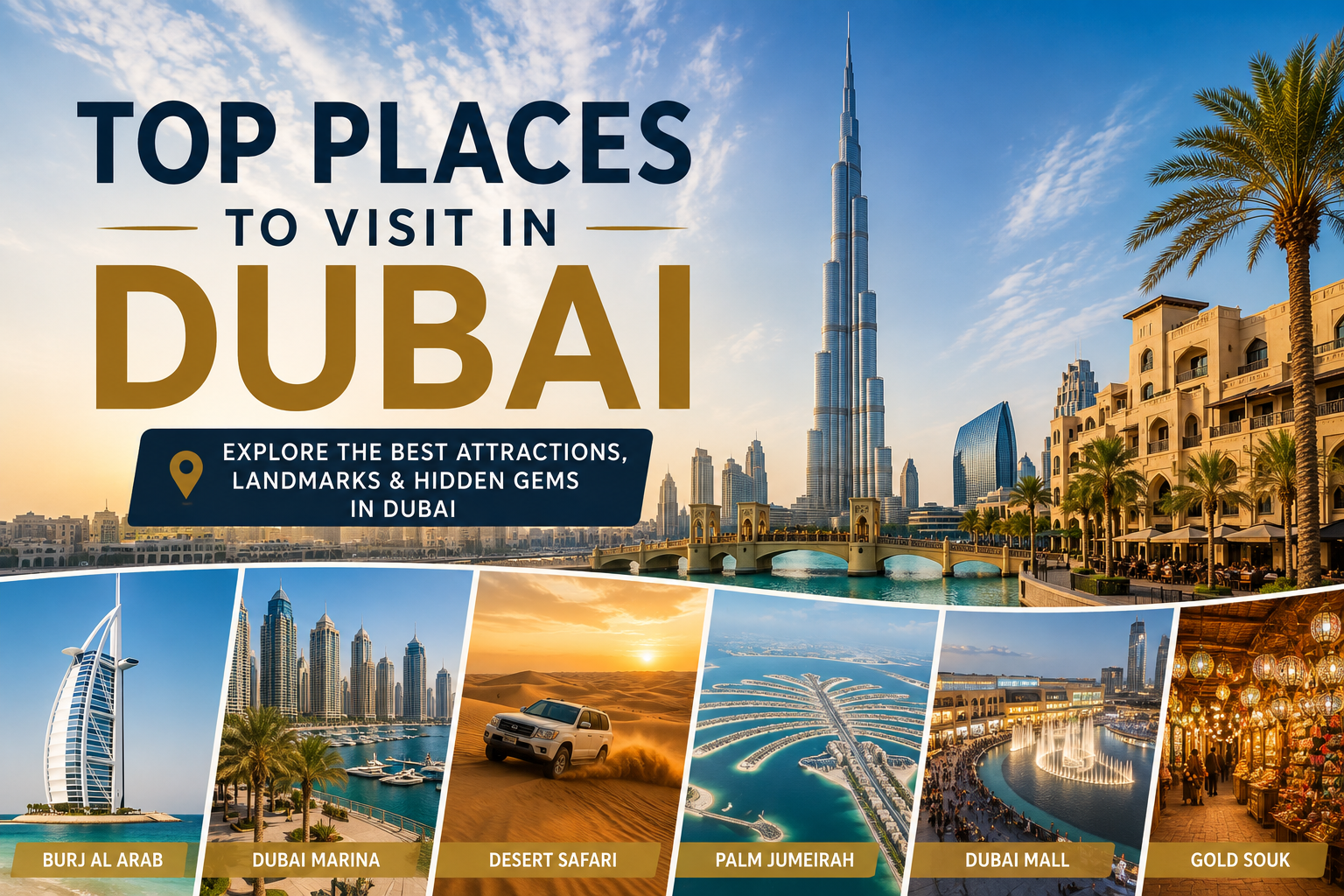 Top places to visit in Dubai including Burj Khalifa, Dubai Marina and Palm Jumeirah