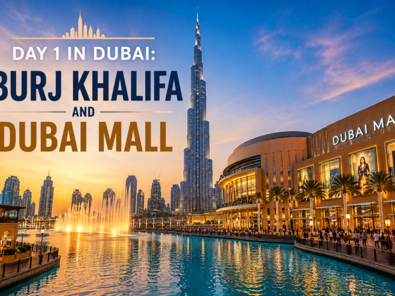 Burj Khalifa and Dubai Mall in Dubai at sunset