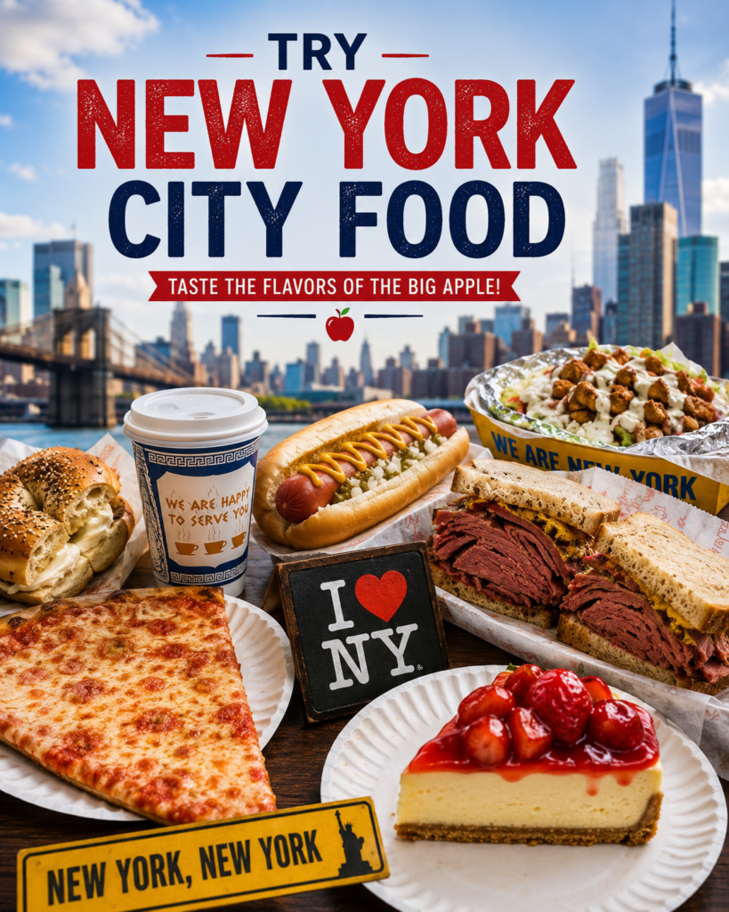 New York City food with pizza, bagel, hot dog, and pastrami sandwich