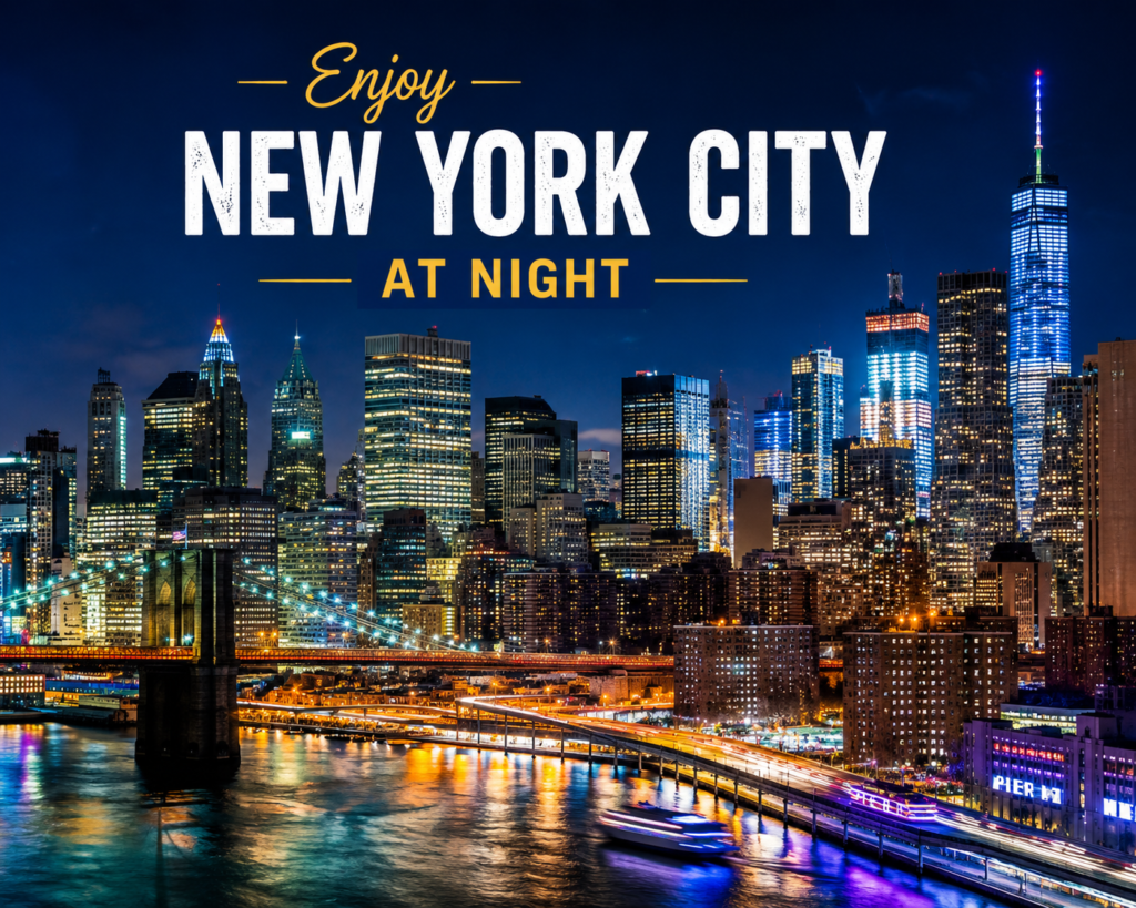 New York City at night with illuminated skyline and Brooklyn Bridge