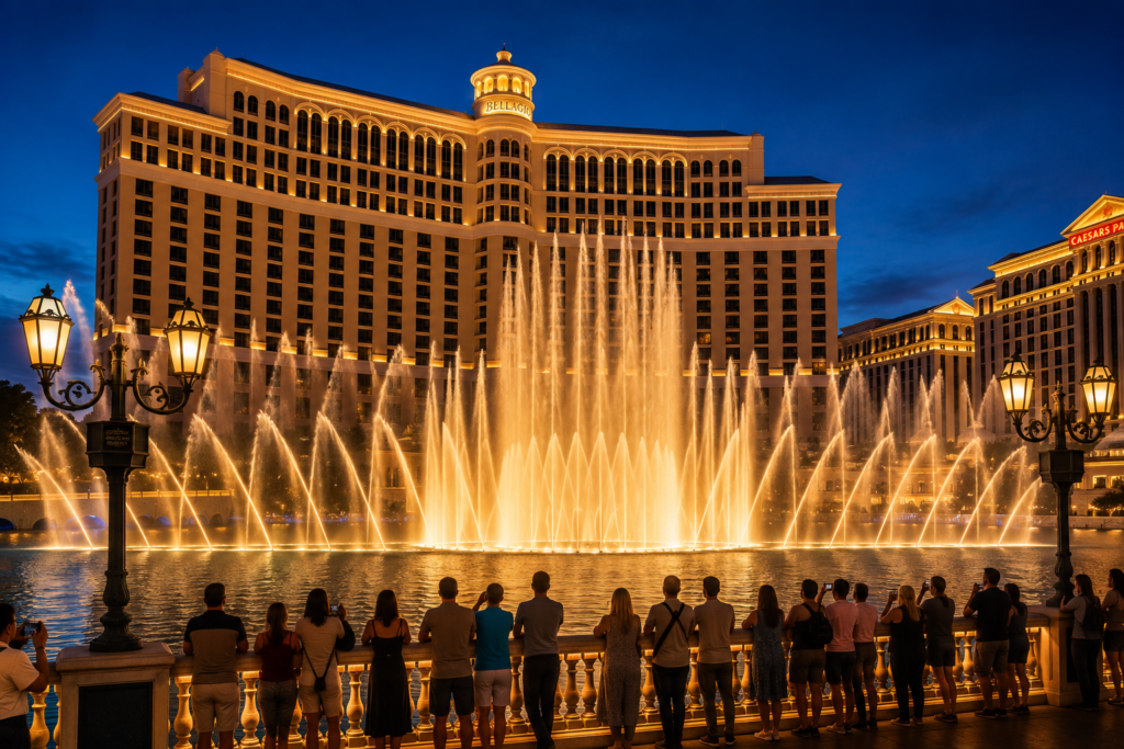 Bellagio Fountains show in Las Vegas at night