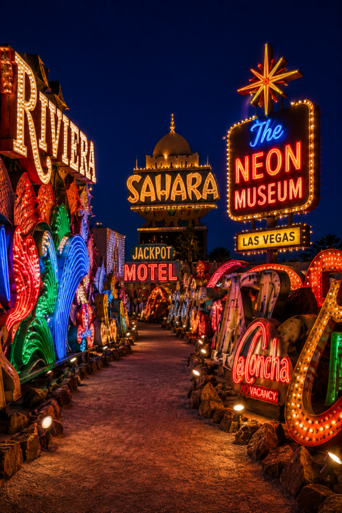 Neon Museum Las Vegas with vintage neon signs at night