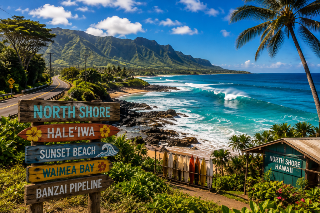 North Shore Oʻahu Hawaii with tropical beach and mountain views