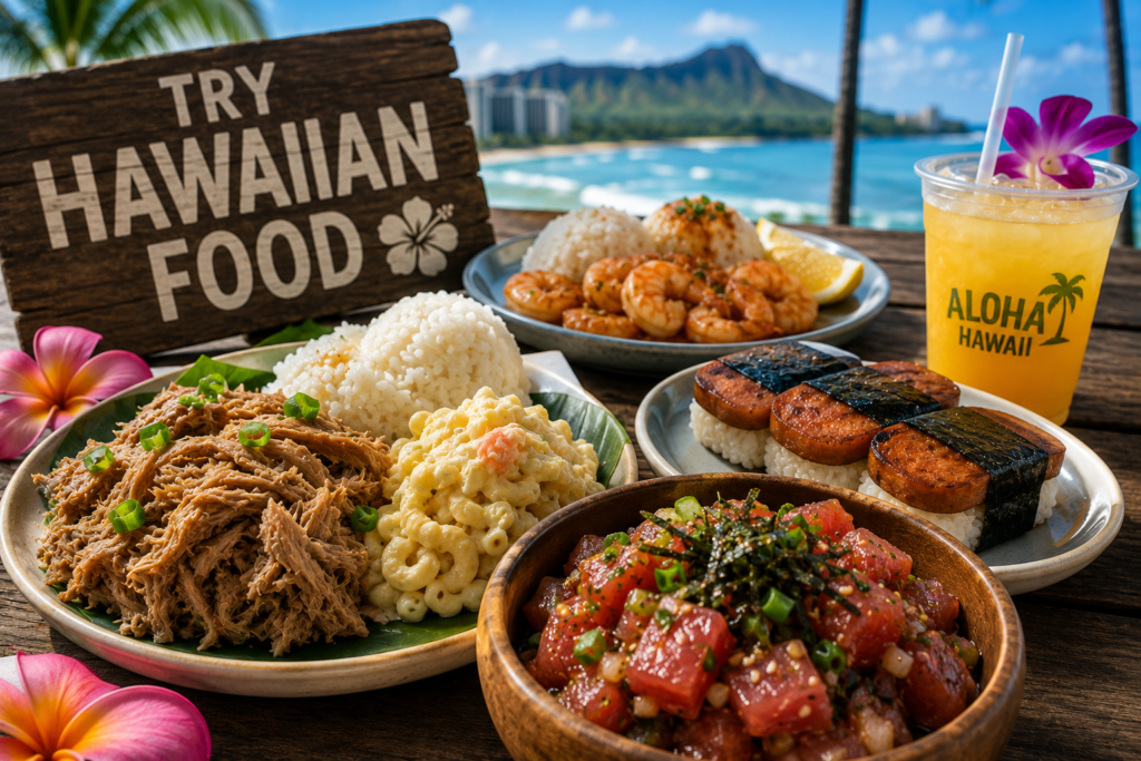 Hawaiian food in Oʻahu with poke, rice, pork, and tropical drinks