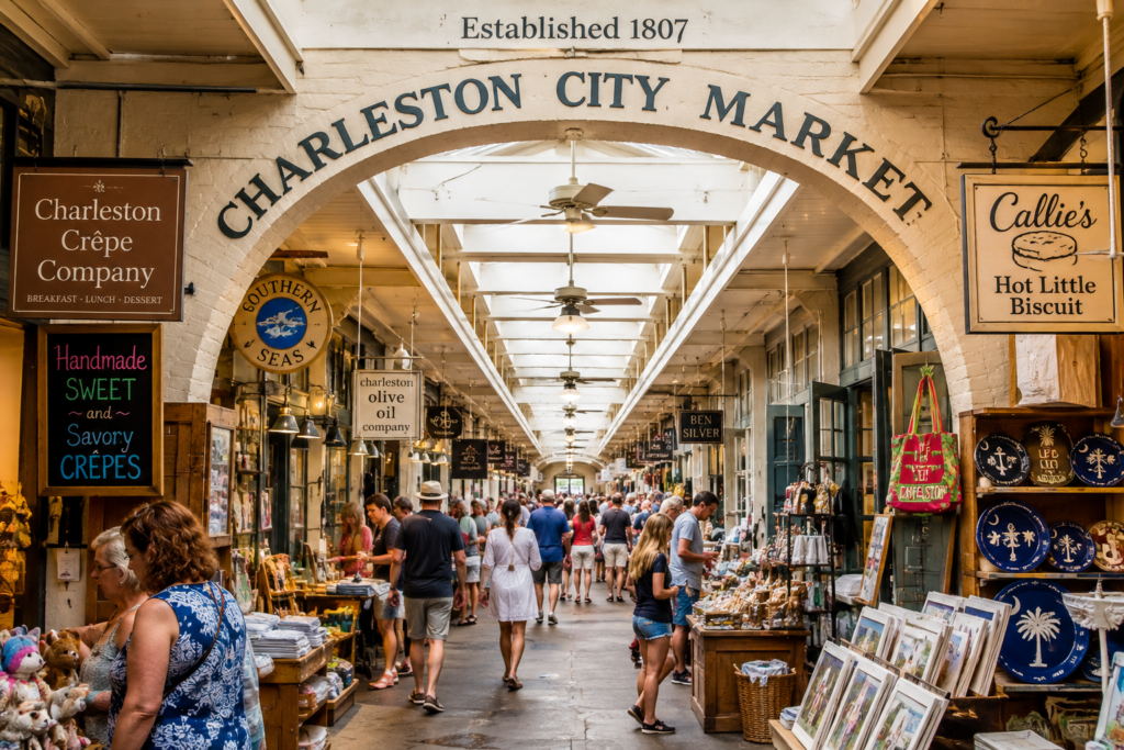 Charleston City Market in South Carolina with local shops and visitors