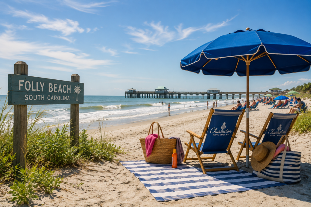 Folly Beach in Charleston South Carolina with ocean and pier