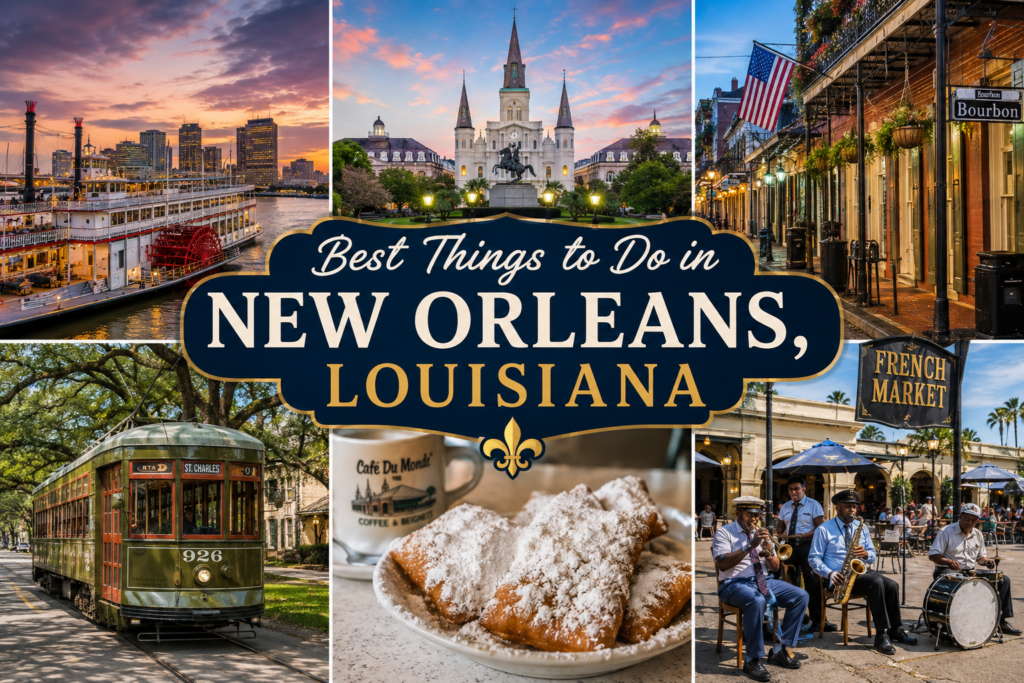Best things to do in New Orleans Louisiana featuring French Quarter, streetcar, food, and music