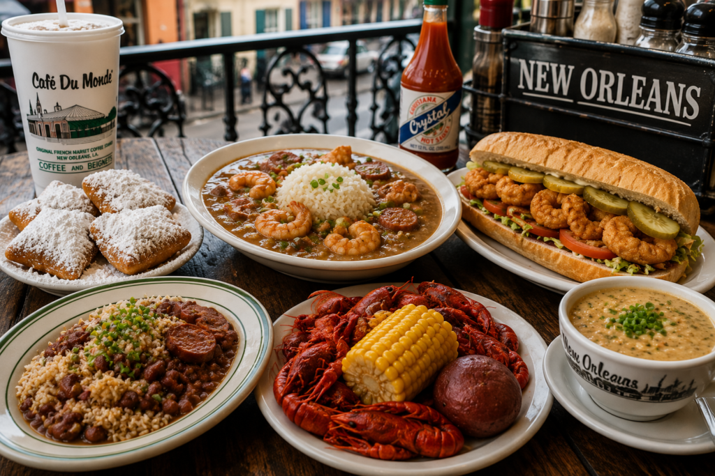 New Orleans food with gumbo, beignets, shrimp po-boy, and red beans and rice