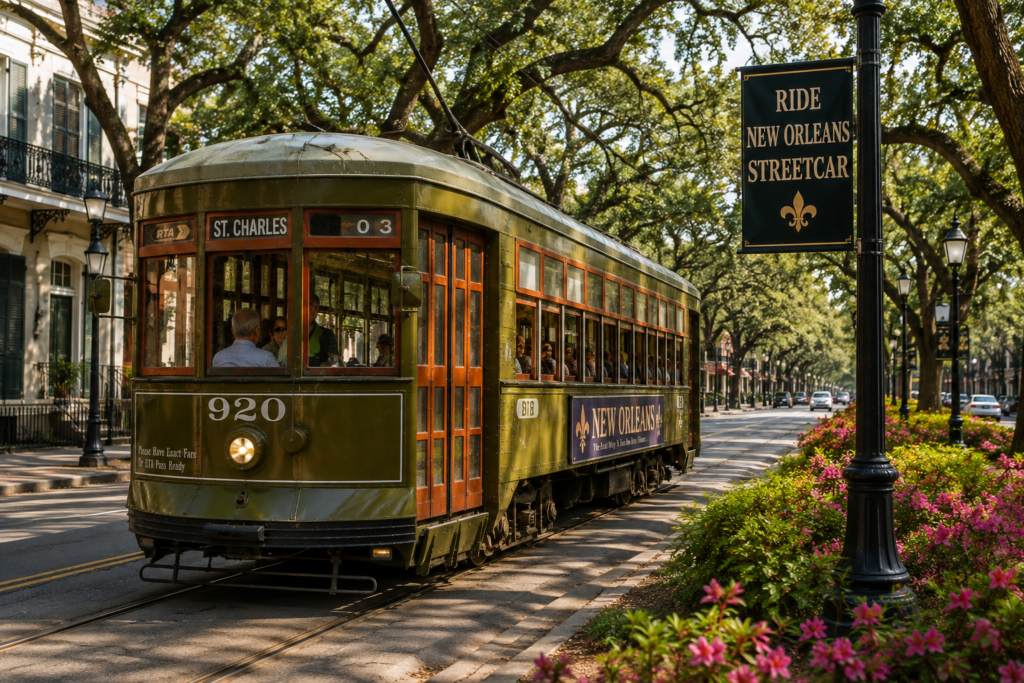New Orleans streetcar on St. Charles Avenue under oak trees