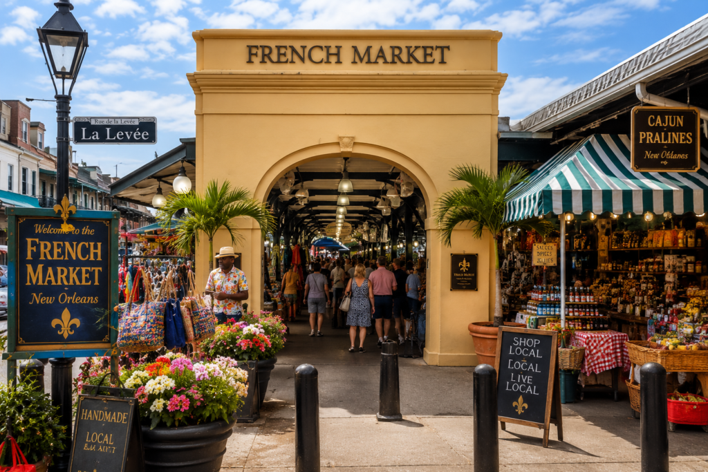 French Market in New Orleans Louisiana with local shops and vendors