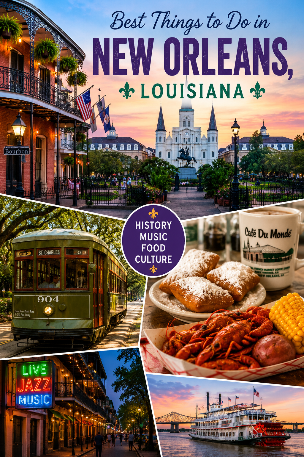 Best things to do in New Orleans Louisiana featuring French Quarter, Jackson Square, streetcar, food, and music