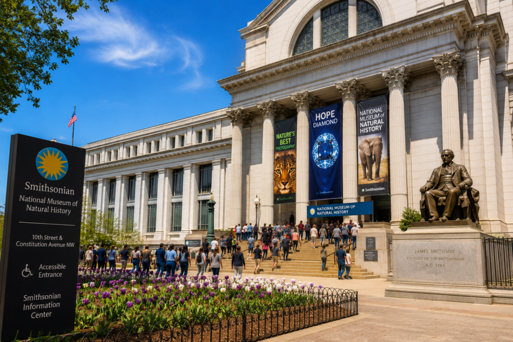 Smithsonian Museum in Washington DC with visitors and historic architecture