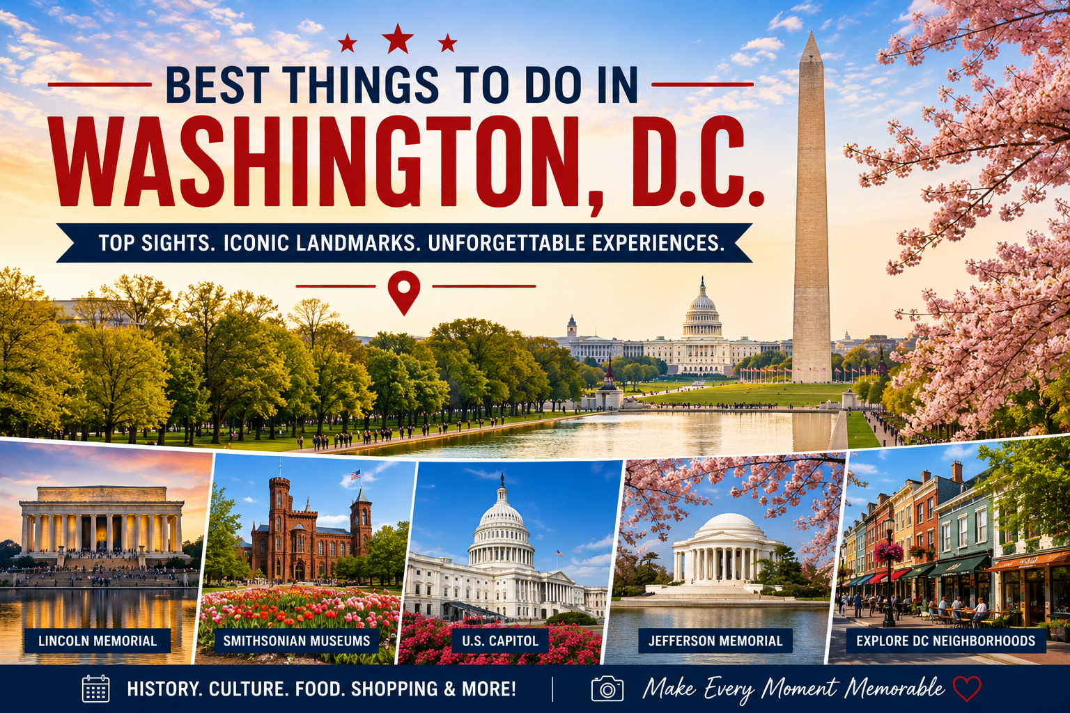 Best things to do in Washington DC featuring the Washington Monument, Lincoln Memorial, Smithsonian Museums, and U.S. Capitol
