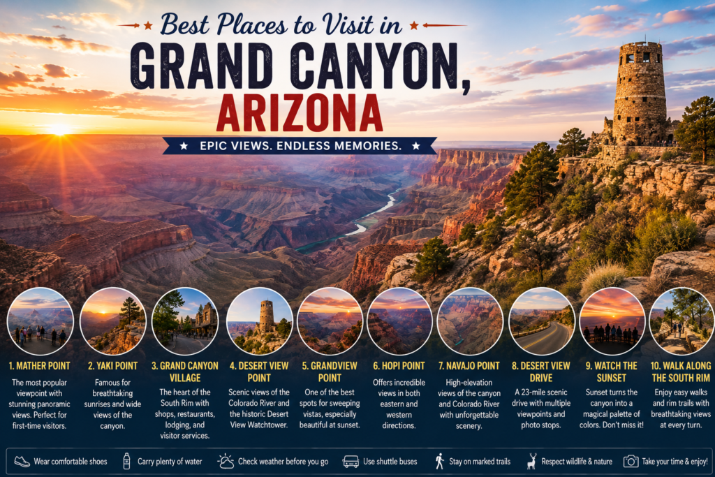 Best places to visit in Grand Canyon Arizona with scenic canyon views and Desert View Watchtower