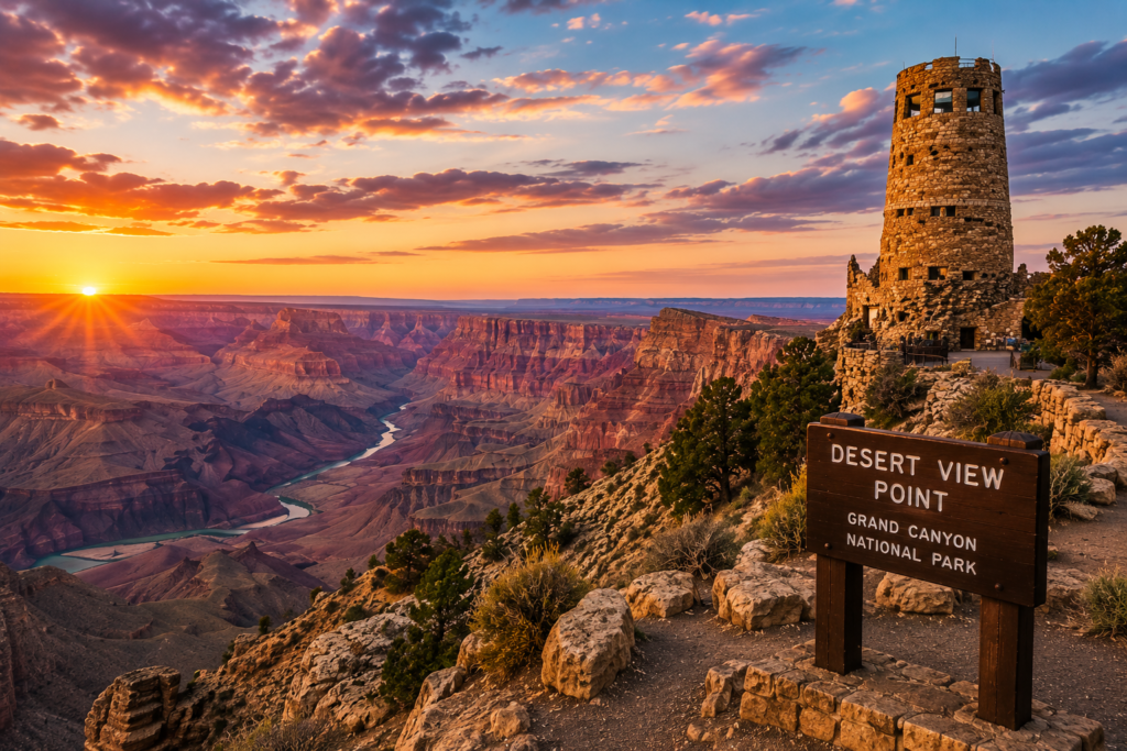 Desert View Point overlooking the Grand Canyon in Arizona with Desert View Watchtower