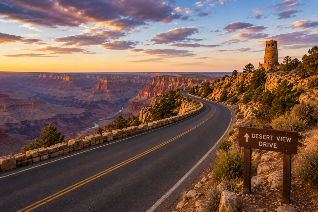 Desert View Drive along the Grand Canyon South Rim in Arizona with scenic canyon views