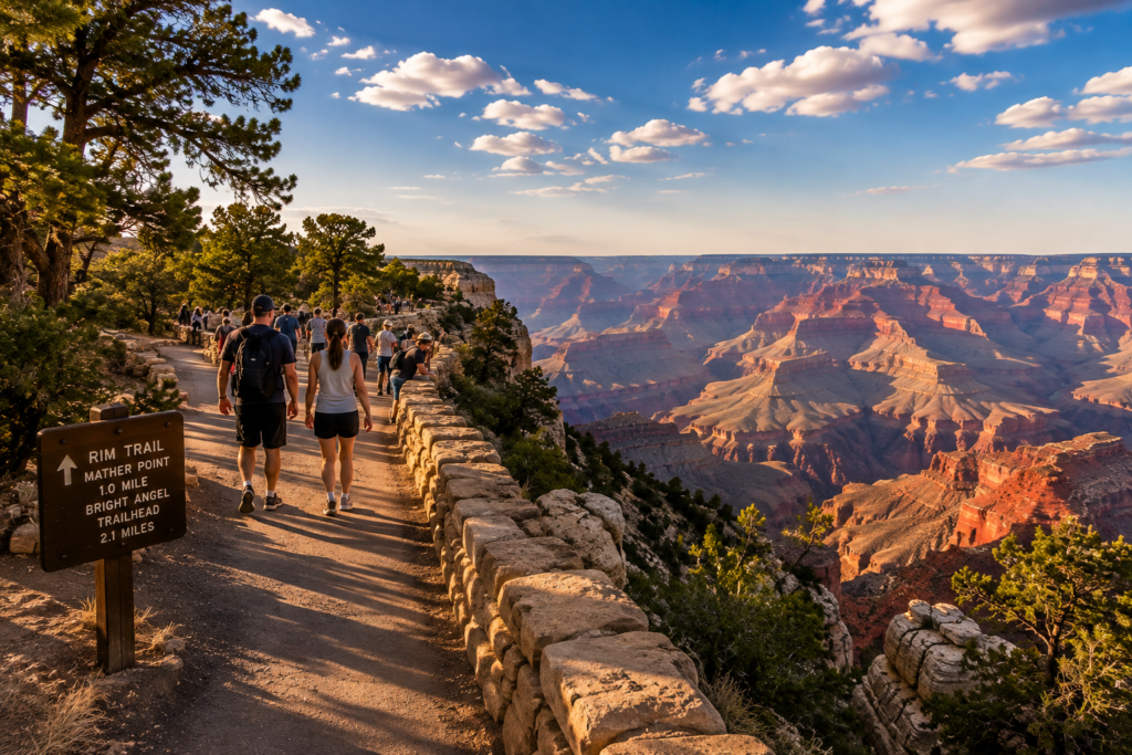 Visitors walking along the South Rim of the Grand Canyon in Arizona with scenic canyon views