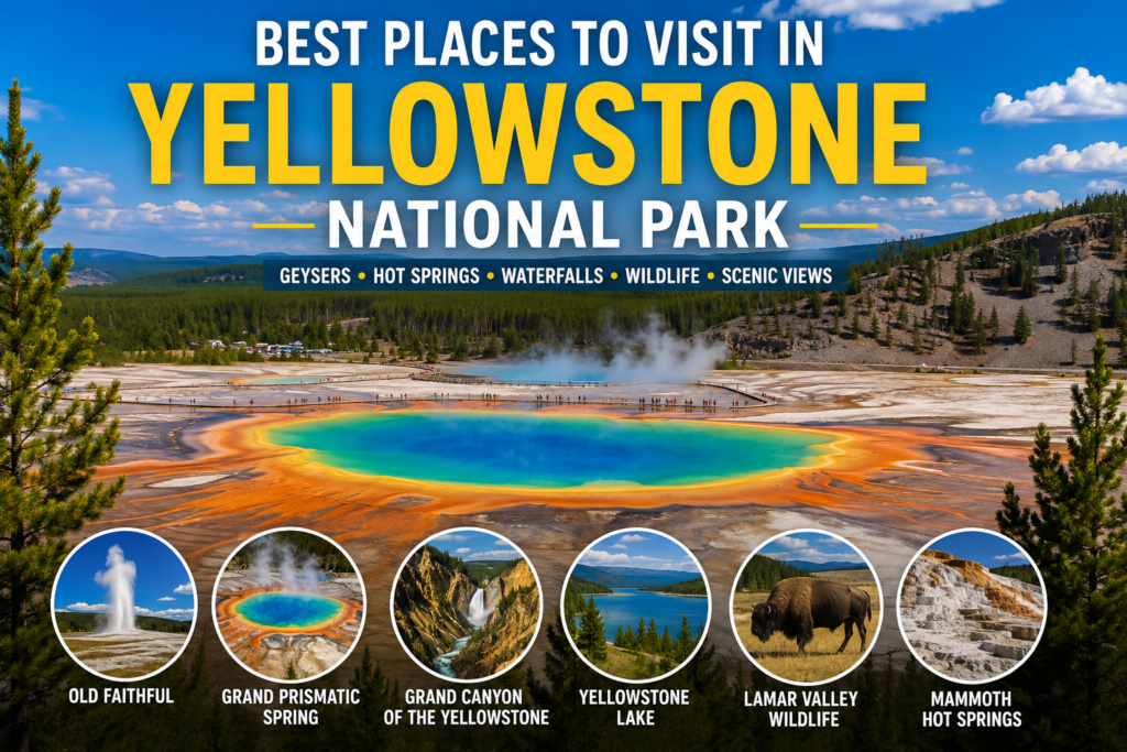 Best places to visit in Yellowstone National Park featuring Grand Prismatic Spring, Old Faithful, Yellowstone Lake, and wildlife