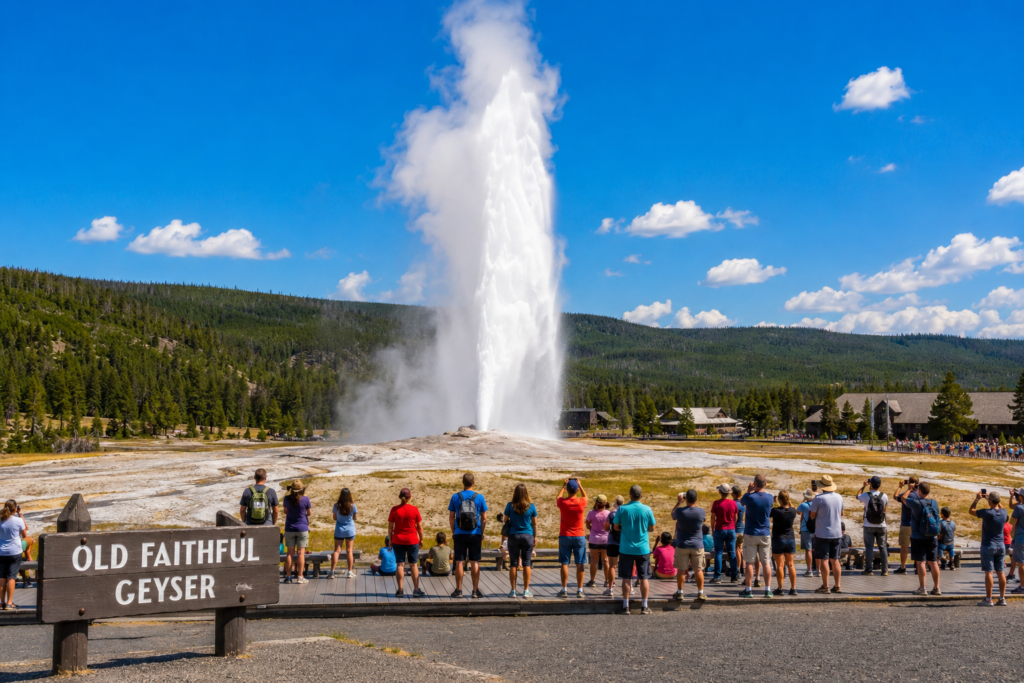 : Old Faithful geyser erupting in Yellowstone National Park with visitors watching from the boardwalk