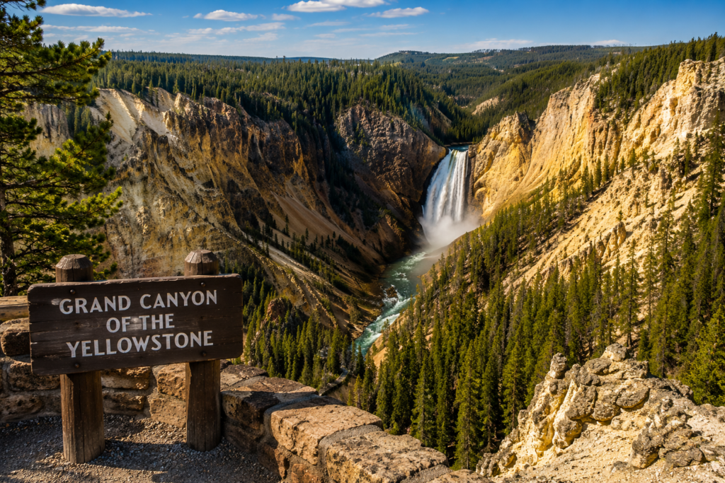 Grand Canyon of the Yellowstone with waterfall, river, and colorful canyon cliffs