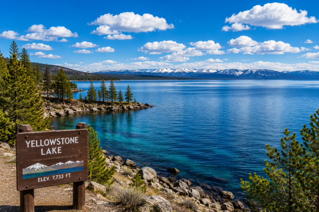 Yellowstone Lake in Yellowstone National Park with mountains, pine trees, and clear blue water