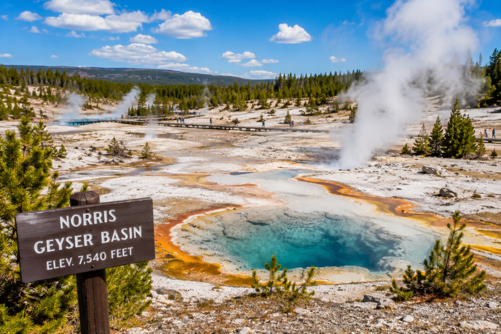 Norris Geyser Basin in Yellowstone National Park with colorful hot springs and rising steam