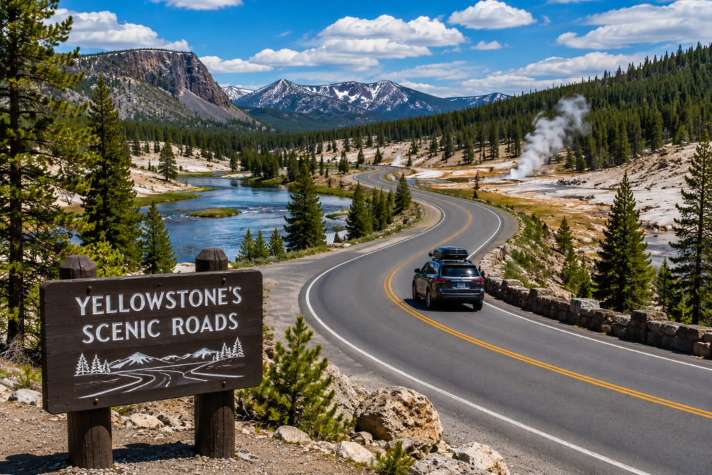 Scenic road through Yellowstone National Park with mountains, pine forests, river, and geothermal features