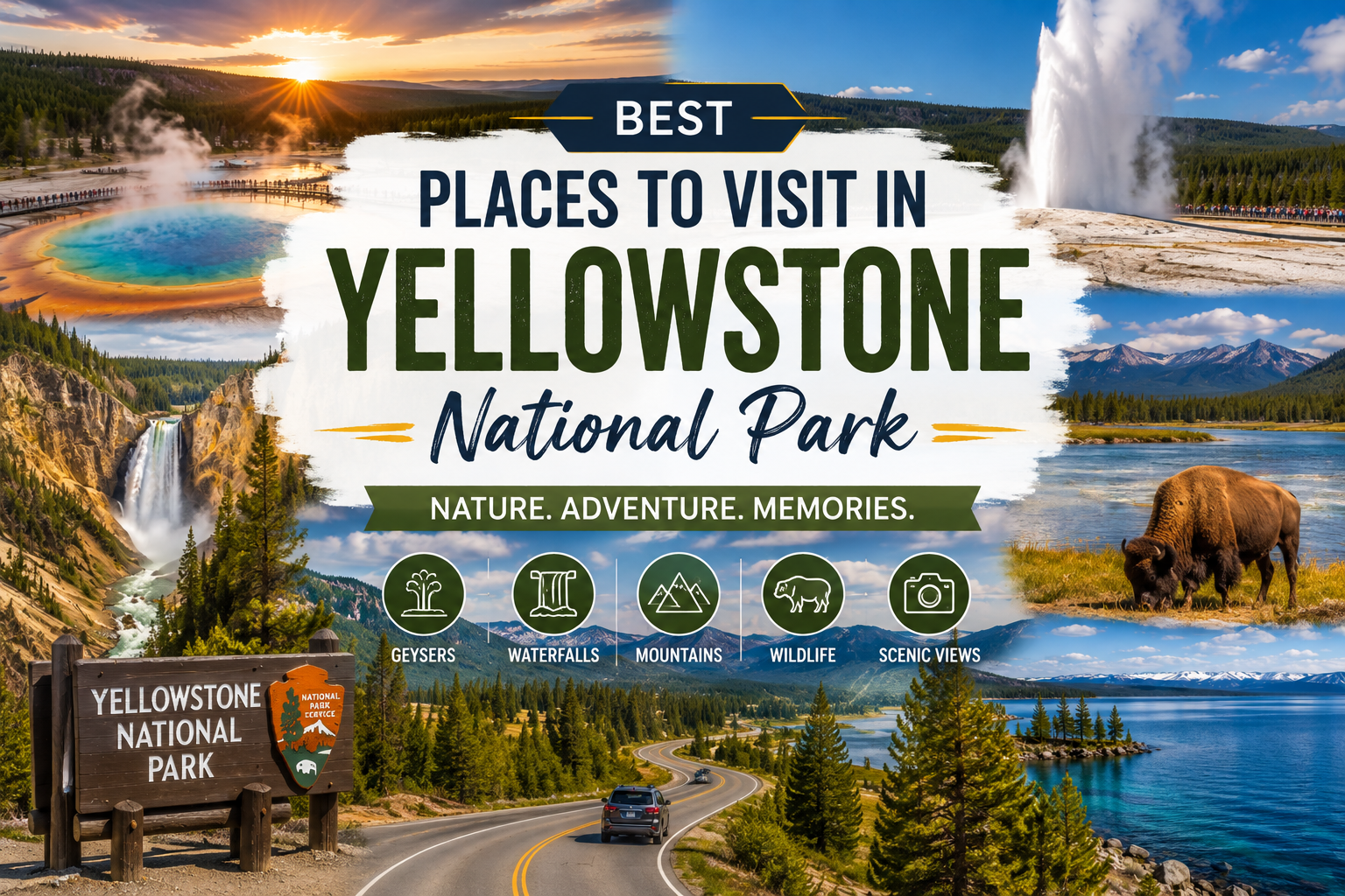 Best places to visit in Yellowstone National Park featuring geysers, waterfalls, wildlife, mountains, and scenic roads