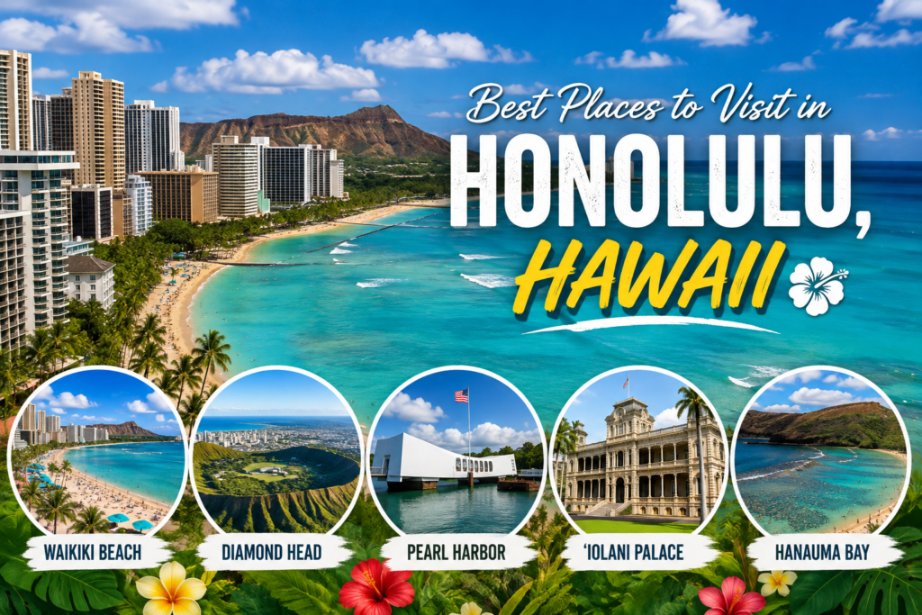 Best places to visit in Honolulu Hawaii featuring Waikiki Beach, Diamond Head, Pearl Harbor, Iolani Palace, and Hanauma Bay