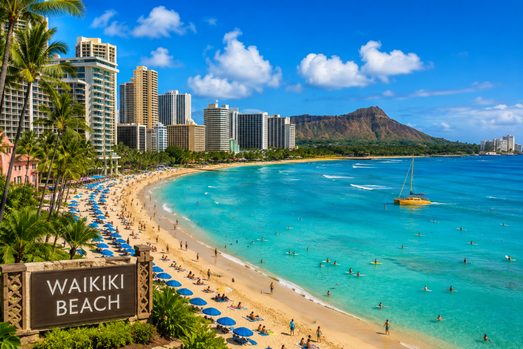 Waikiki Beach in Honolulu Hawaii with turquoise water, palm trees, surfers, and Diamond Head
