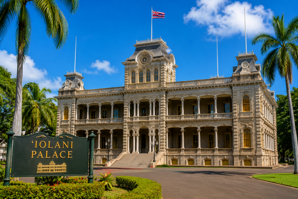 ʻIolani Palace in Honolulu Hawaii with palm trees, Hawaiian flag, and historic architecture