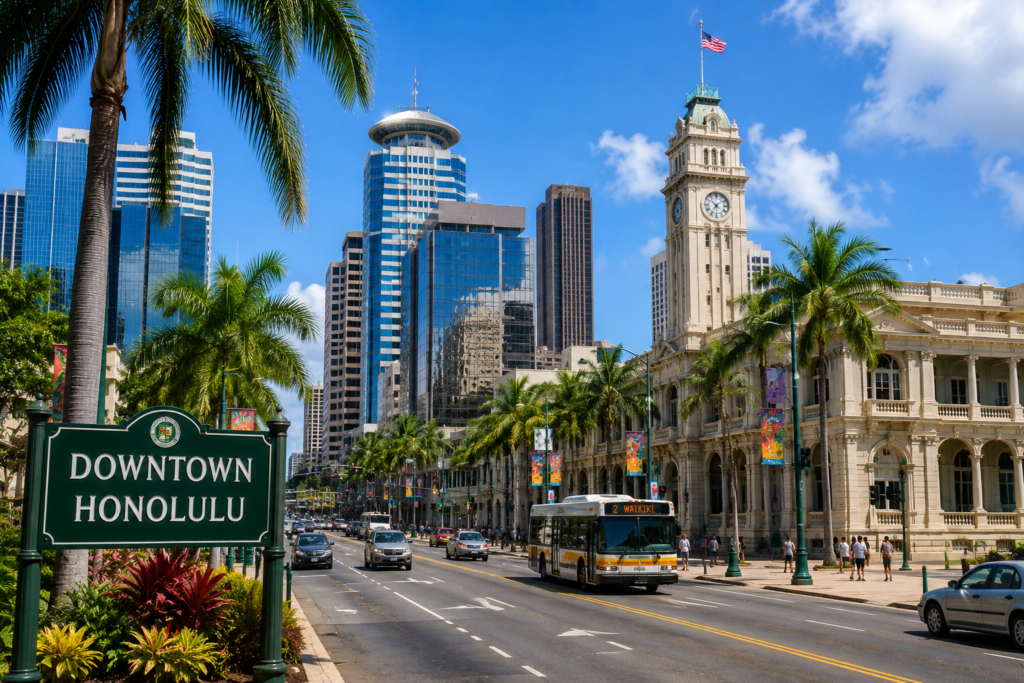 Downtown Honolulu Hawaii with palm trees, city buildings, historic architecture, and busy streets