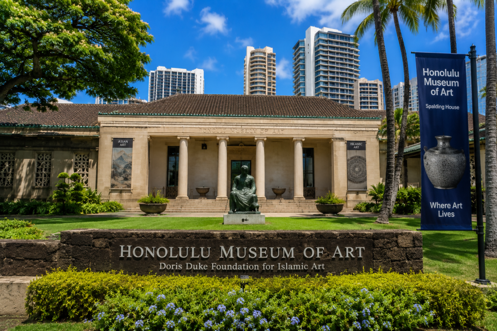Honolulu Museum of Art in Hawaii with palm trees, tropical gardens, and historic architecture