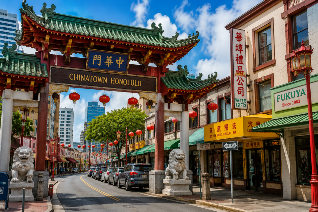 Chinatown Honolulu Hawaii with traditional Chinese gate, red lanterns, local shops, and city streets