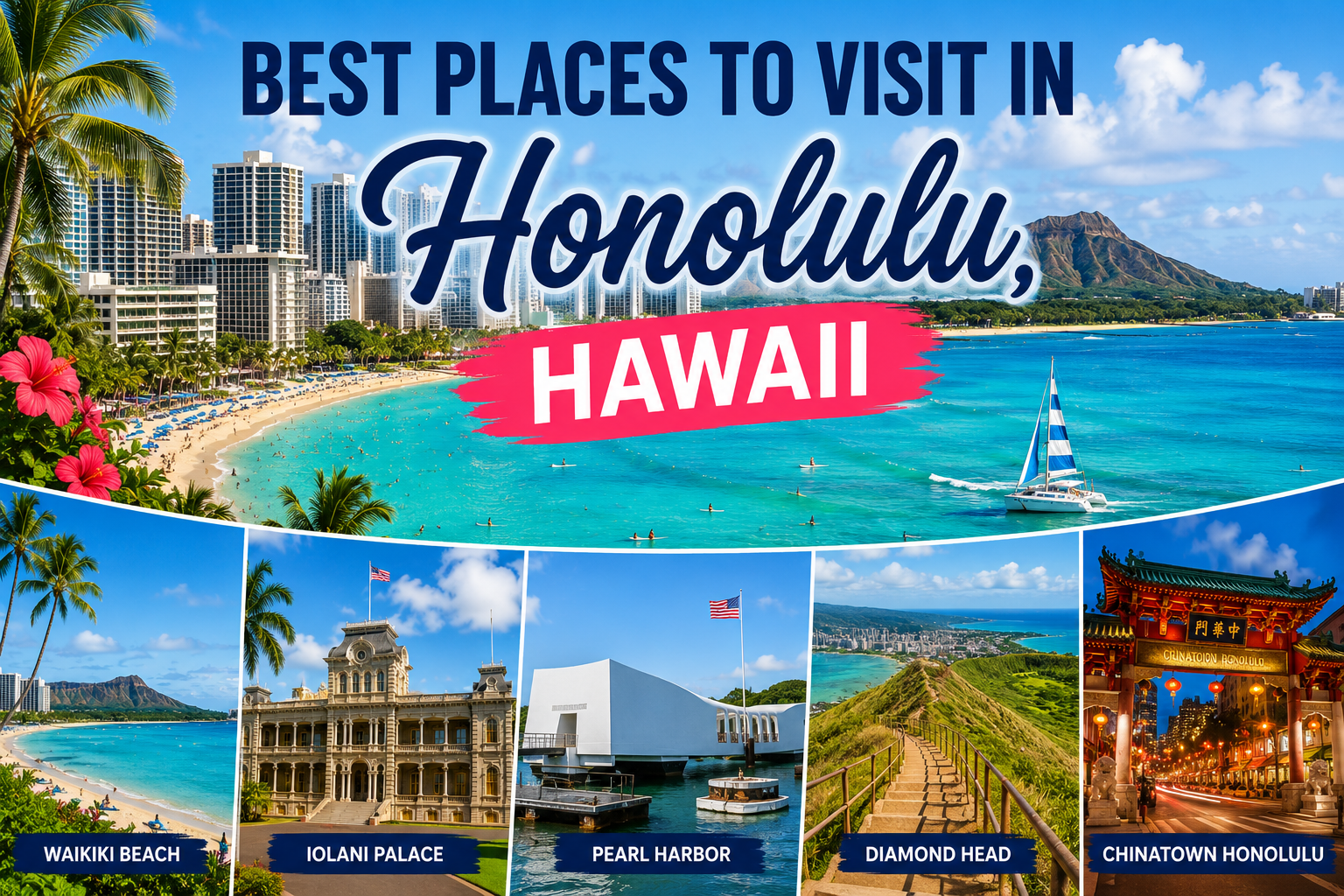 Best places to visit in Honolulu Hawaii featuring Waikiki Beach, Diamond Head, Pearl Harbor, Iolani Palace, and Chinatown Honolulu