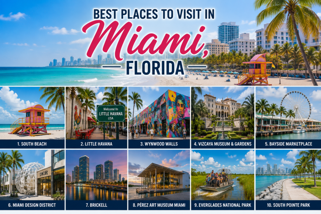 Best places to visit in Miami Florida featuring South Beach, Little Havana, Wynwood, Vizcaya Museum, and Miami attractions