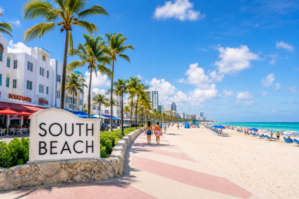 South Beach Miami Florida with palm trees, white sand, turquoise water, and Art Deco buildings