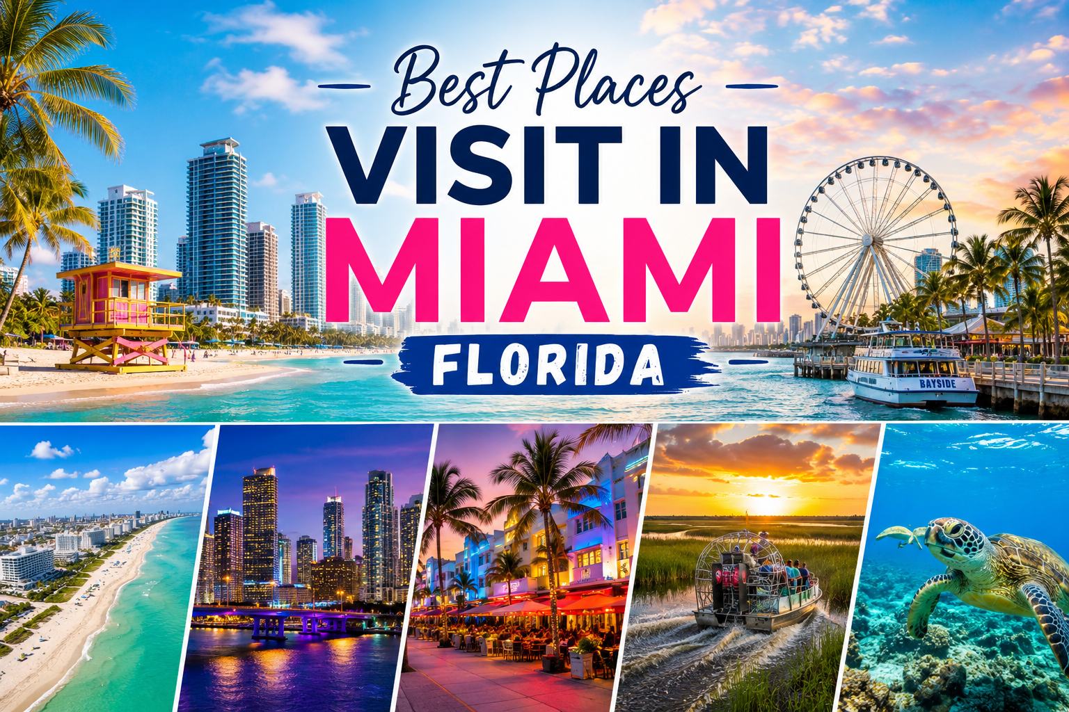 Best places to visit in Miami Florida featuring beaches, skyline, Bayside, palm trees, and Everglades