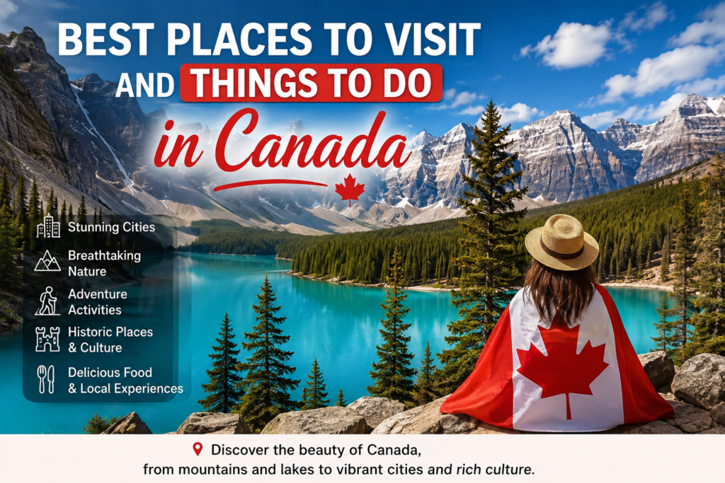 Best places to visit and things to do in Canada with mountains, turquoise lake, and scenic landscape.