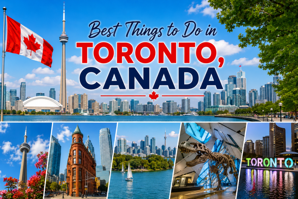 Best things to do in Toronto Canada featuring the CN Tower, Toronto skyline, waterfront, Toronto Islands, and Royal Ontario Museum