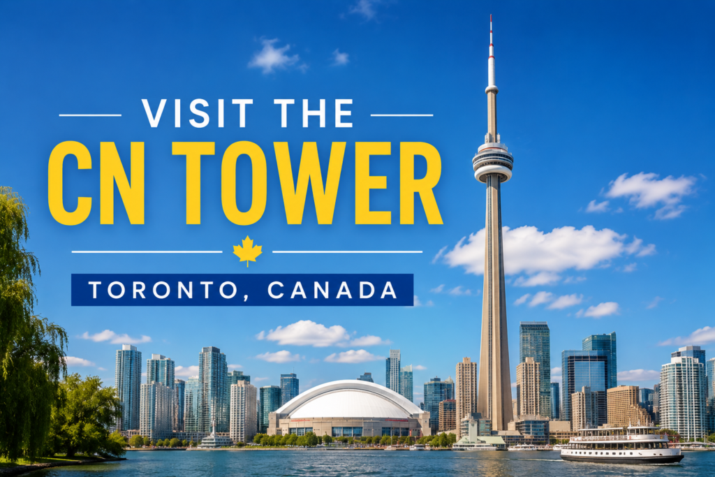 CN Tower in Toronto Canada with the city skyline, waterfront, and Rogers Centre