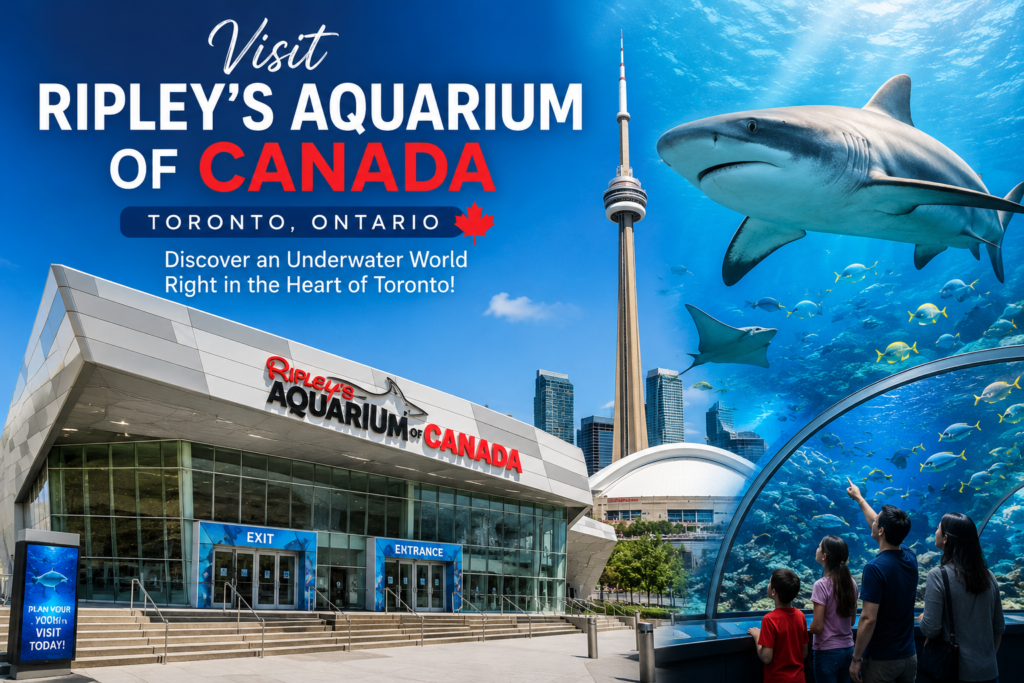 Ripley's Aquarium of Canada in Toronto with sharks, colorful fish, underwater tunnel, and CN Tower