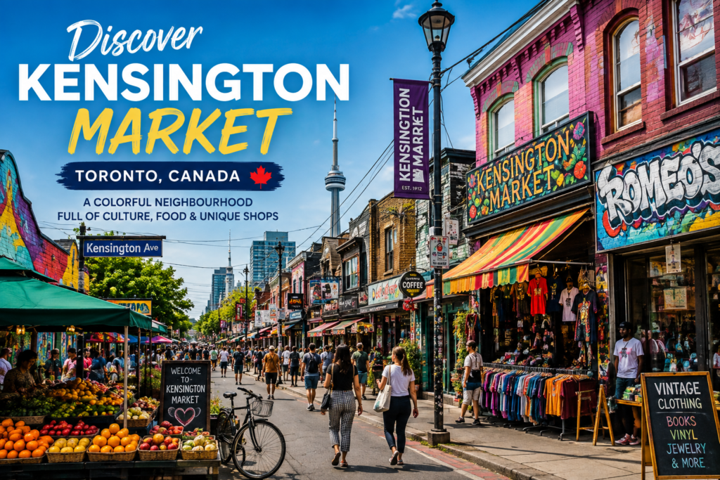 Kensington Market in Toronto Canada with colorful shops, street art, local food stalls, and CN Tower